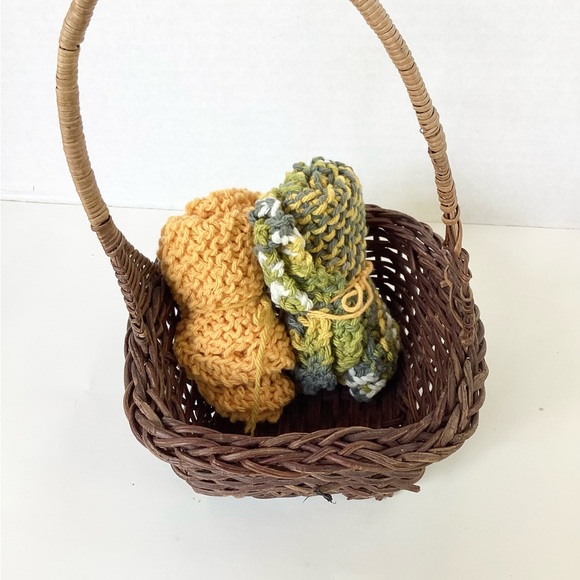 Dishcloth Washcloth Hand Crafted Gold Green Knit Cotton Rustic - Picture 10 of 13